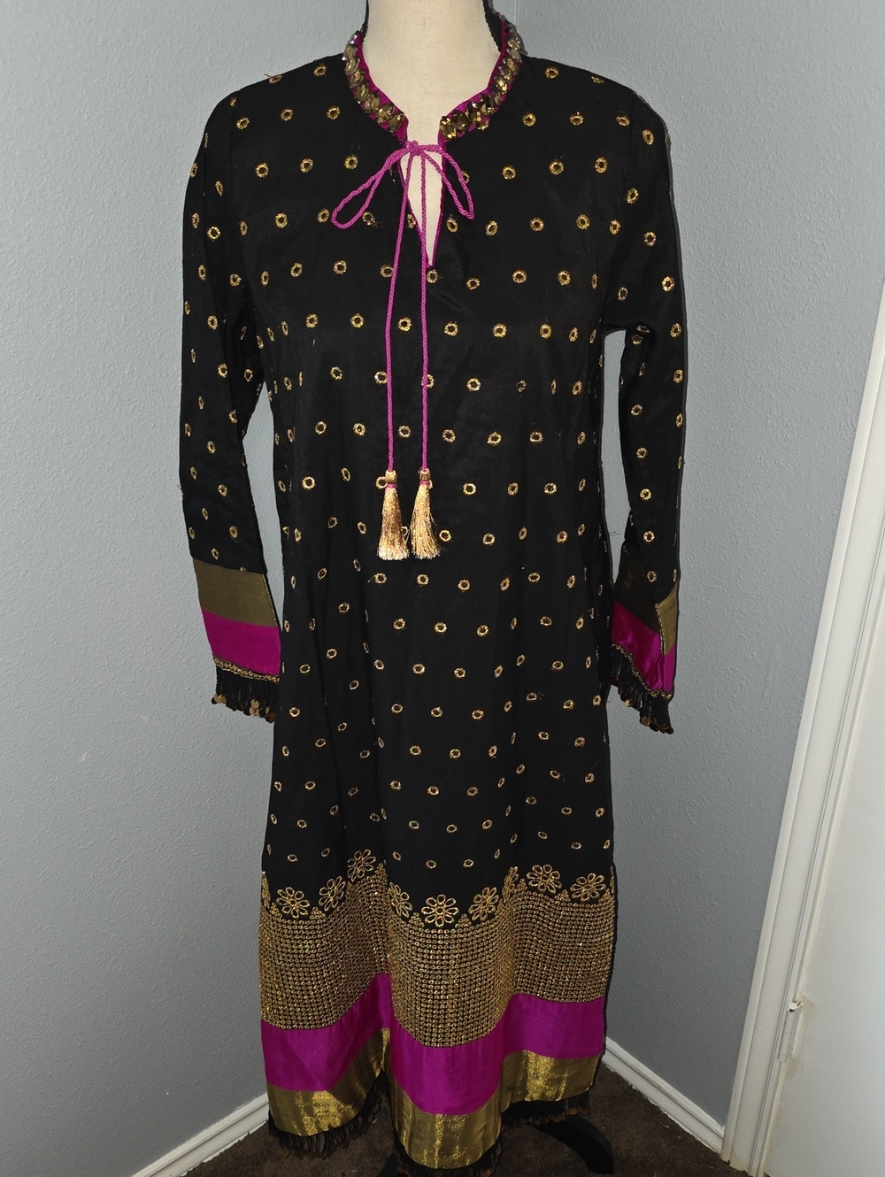 Elegant Black Long-Sleeve Embellished Dress with Fuchsia Trim